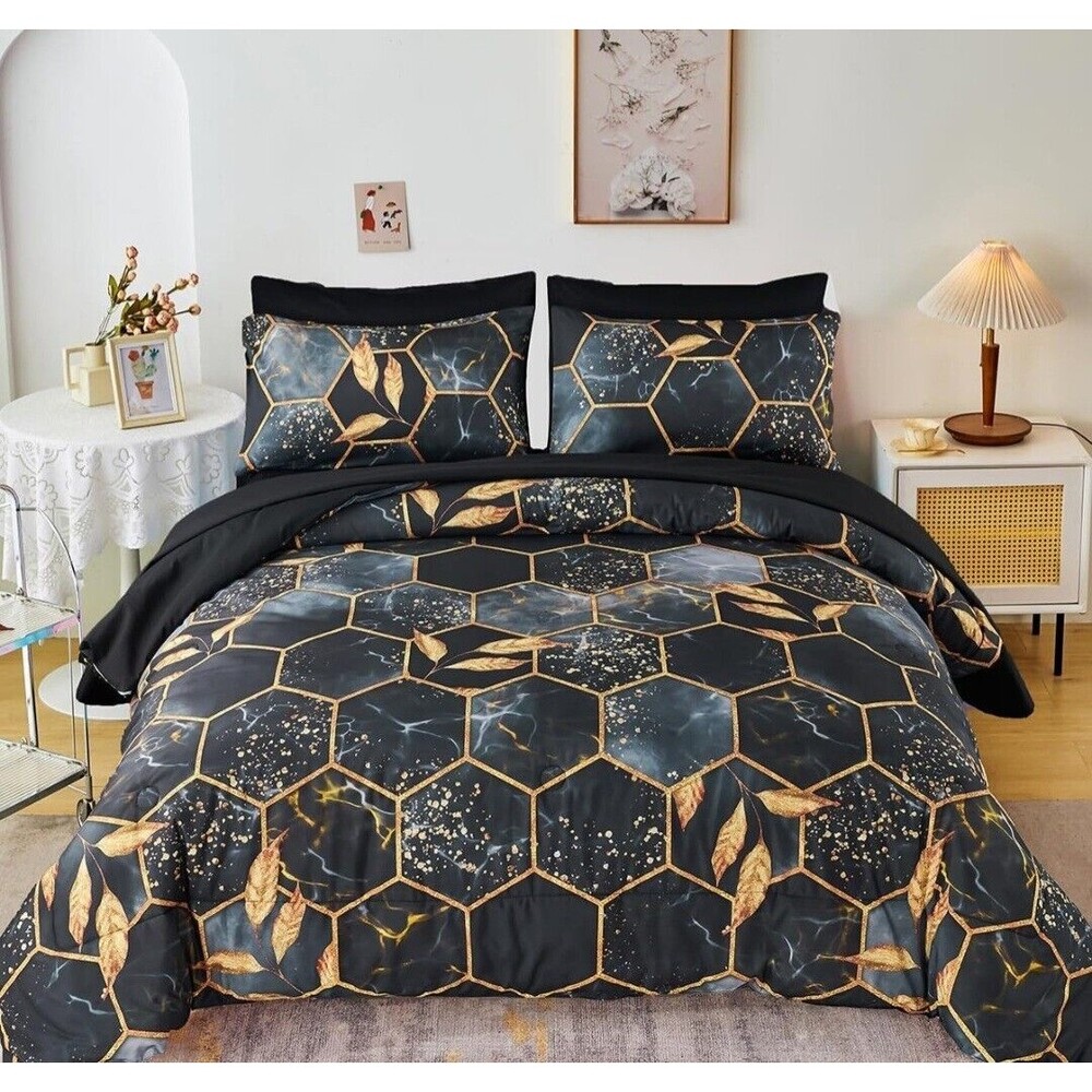 Honeycomb Comforter Set 3 Pieces Soft‎ Lightweight Hexagon Twin Black Kids Fun